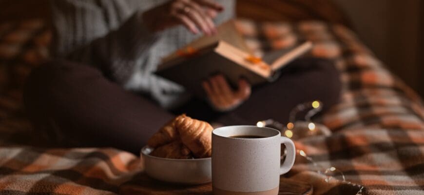 Cozy,Autumn,Evening:,Girl,,Coffee,,Book,And,Croissants
